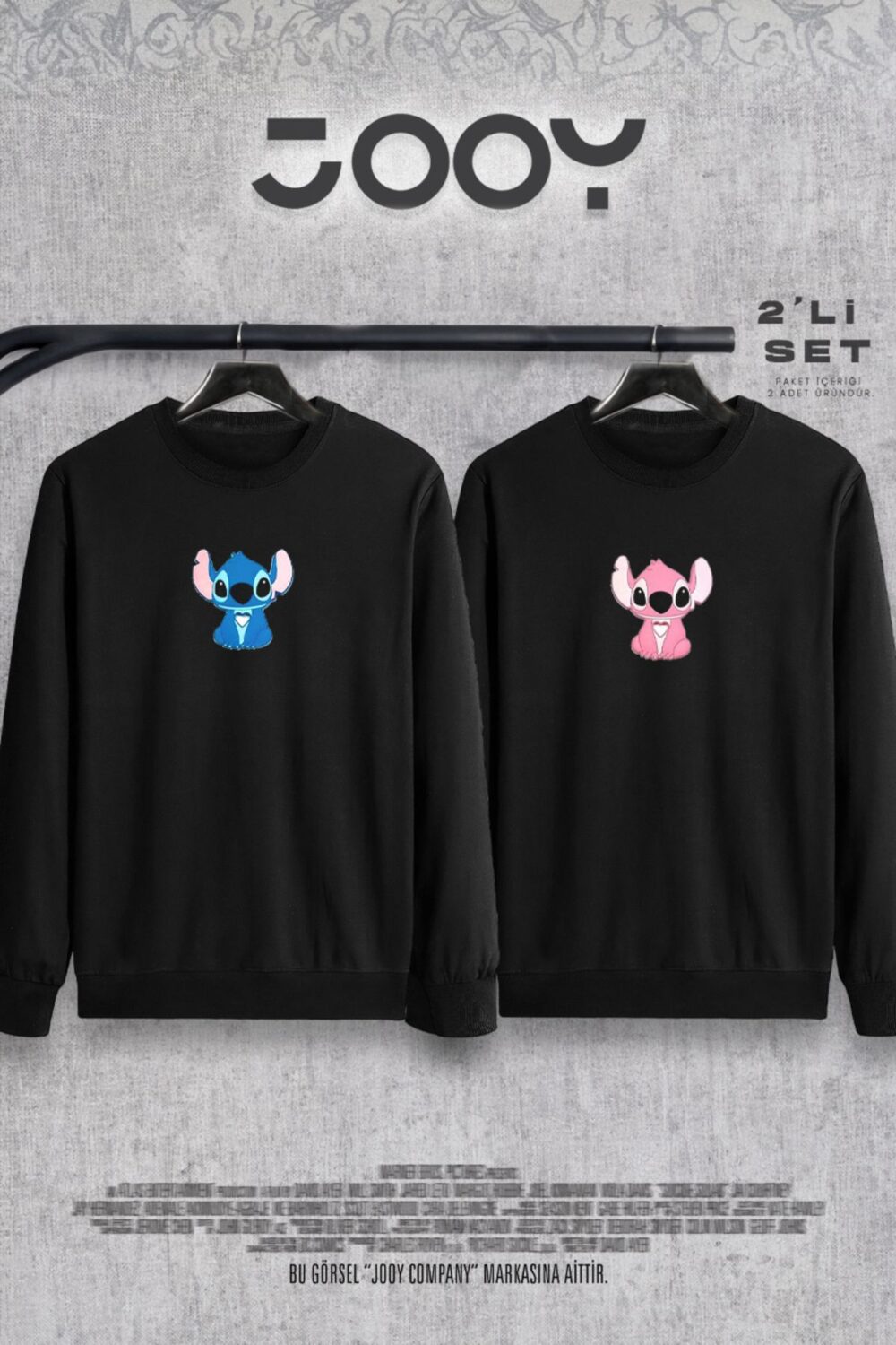 Stitch Tasarım Sevgili Çift Kombini Bisiklet Yaka Sweatshirt 2’li Set