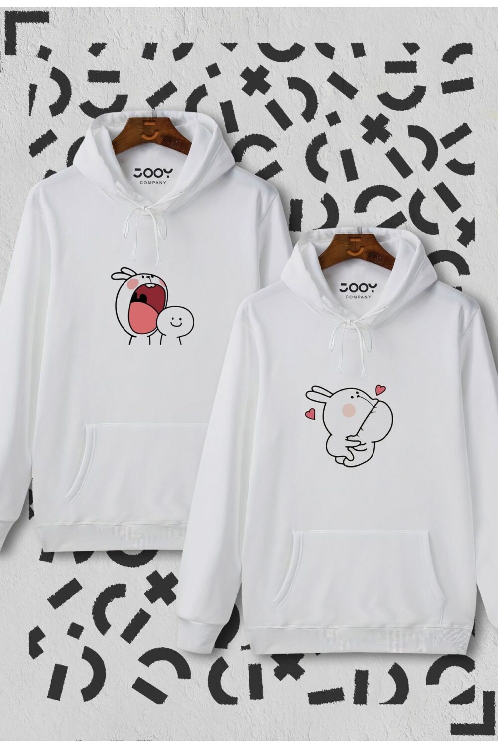 Tavşan Tasarım Sevgili Çift Kombini Beyaz Kapüşonlu Sweatshirt 2’li Set