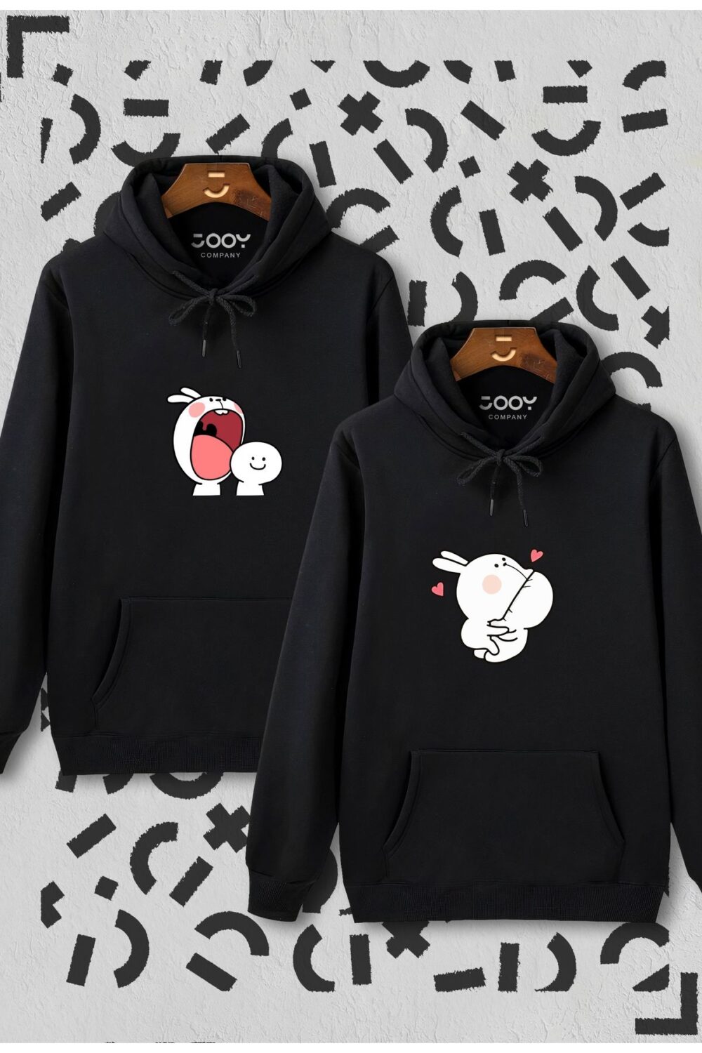 Tavşan Tasarım Sevgili Çift Kombini Siyah Kapüşonlu Sweatshirt 2’li Set