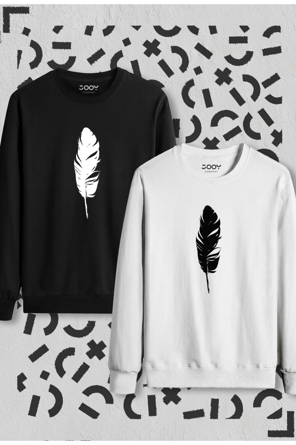 Tüy Baskılı Siyah Beyaz Bisiklet Yaka Sweatshirt 2’li Set