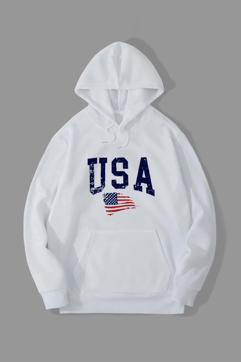 USA Bayrak Baskılı Beyaz Kapüşonlu Sweatshirt