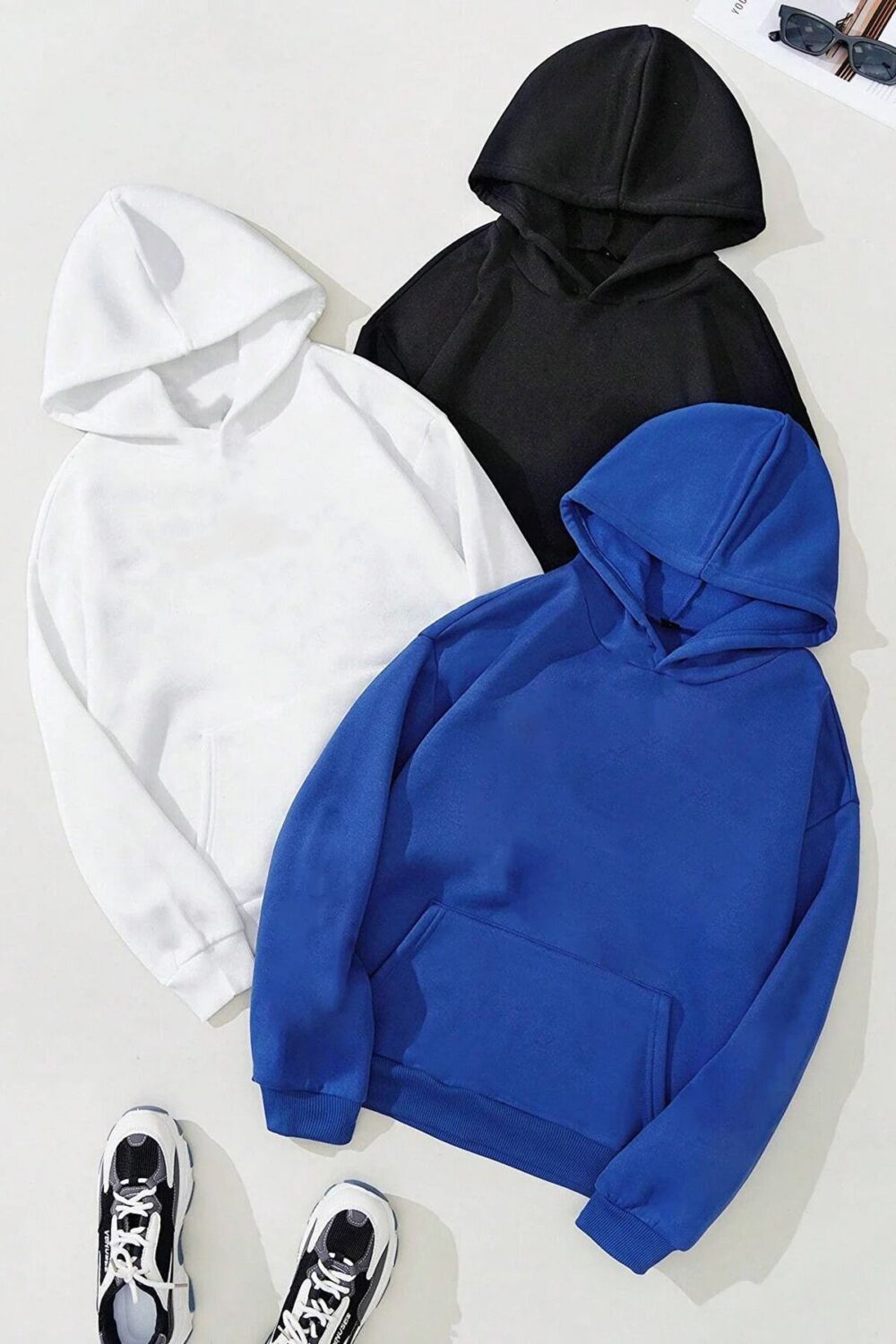 Unisex 3’lü Düz Baskısız Kapüşonlu Sweatshirt Hoodie Kampanyalı Set