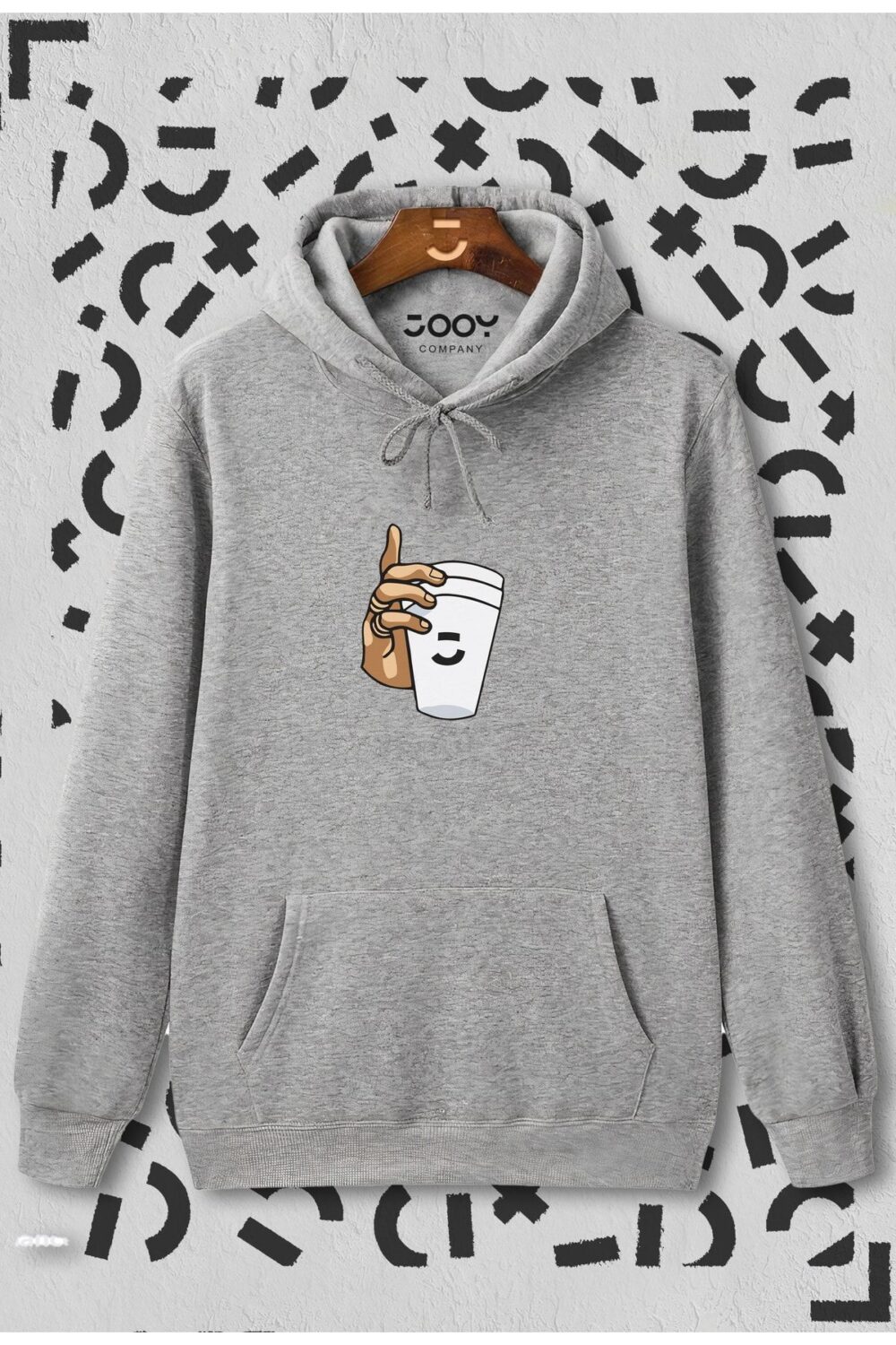 Unisex Bardak Baskılı Gri Kapüşonlu Sweatshirt