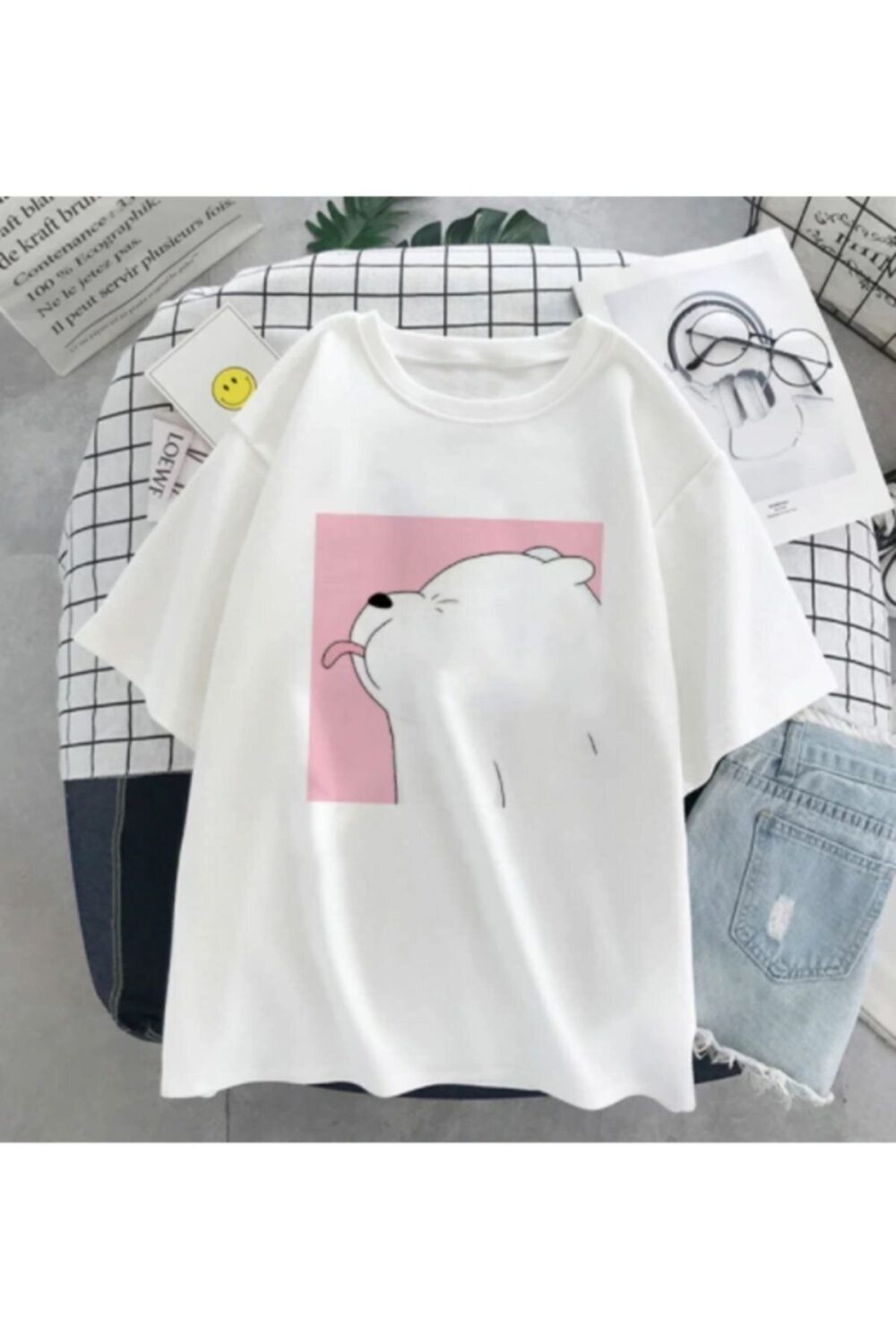 Unisex Beyaz Ice Bear Baskılı Oversize Tshirt