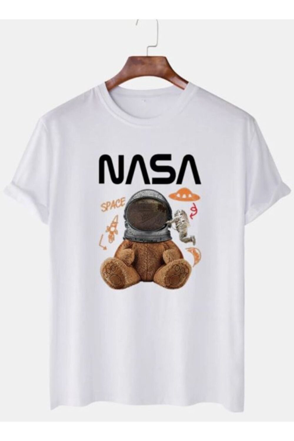 Unisex Beyaz Nasa Ayıcık Baskılı T-Shirt