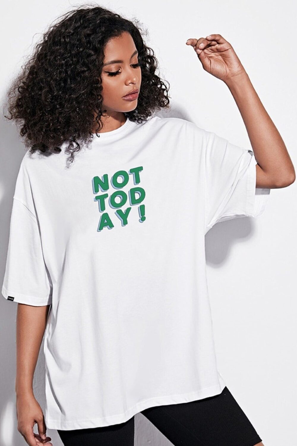 Unisex Beyaz Not Today Baskılı Oversize Tshirt