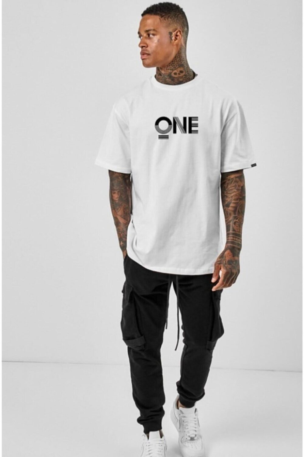 Unisex Beyaz One Baskılı Oversize T-shirt