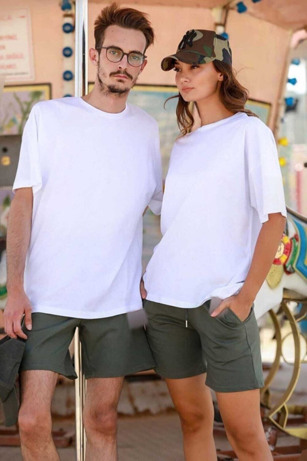 Unisex Beyaz Sevgili Kombini Oversize T-shirt 2’li Set