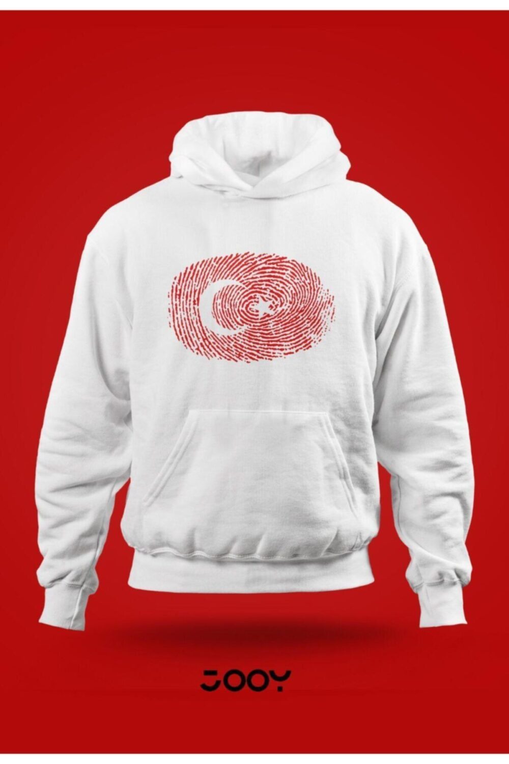 Unisex Beyaz Türk Bayrağı Parmak Izi Tasarım Sweatshirt Hoodie