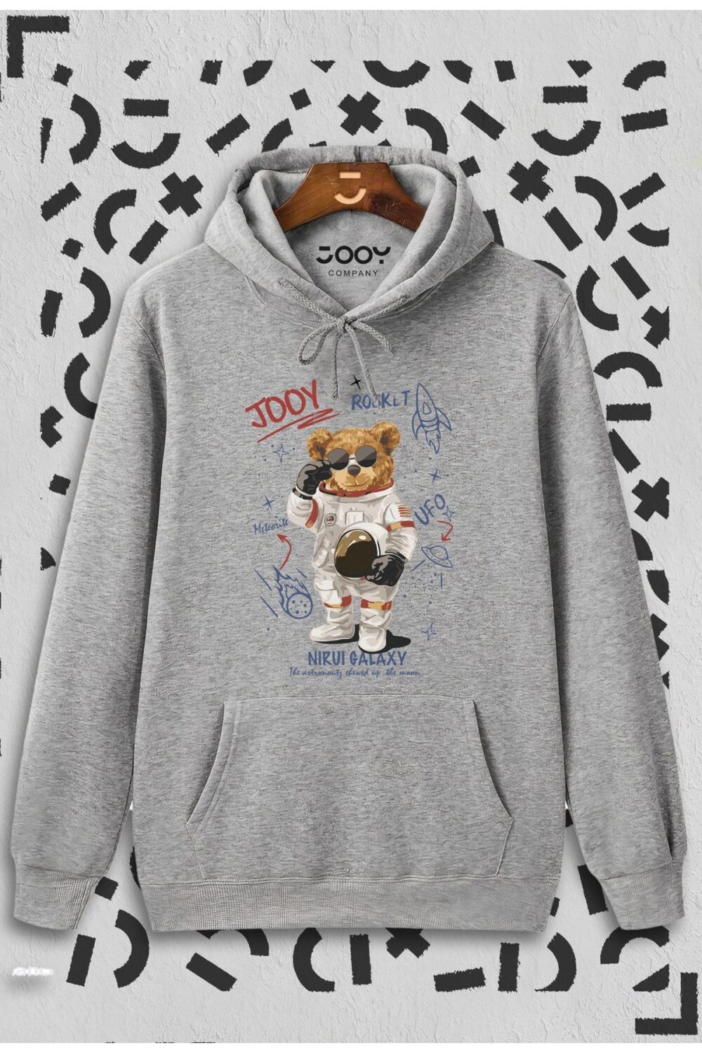 Unisex Gri Galaxy Bear Kapüşonlu Sweatshirt