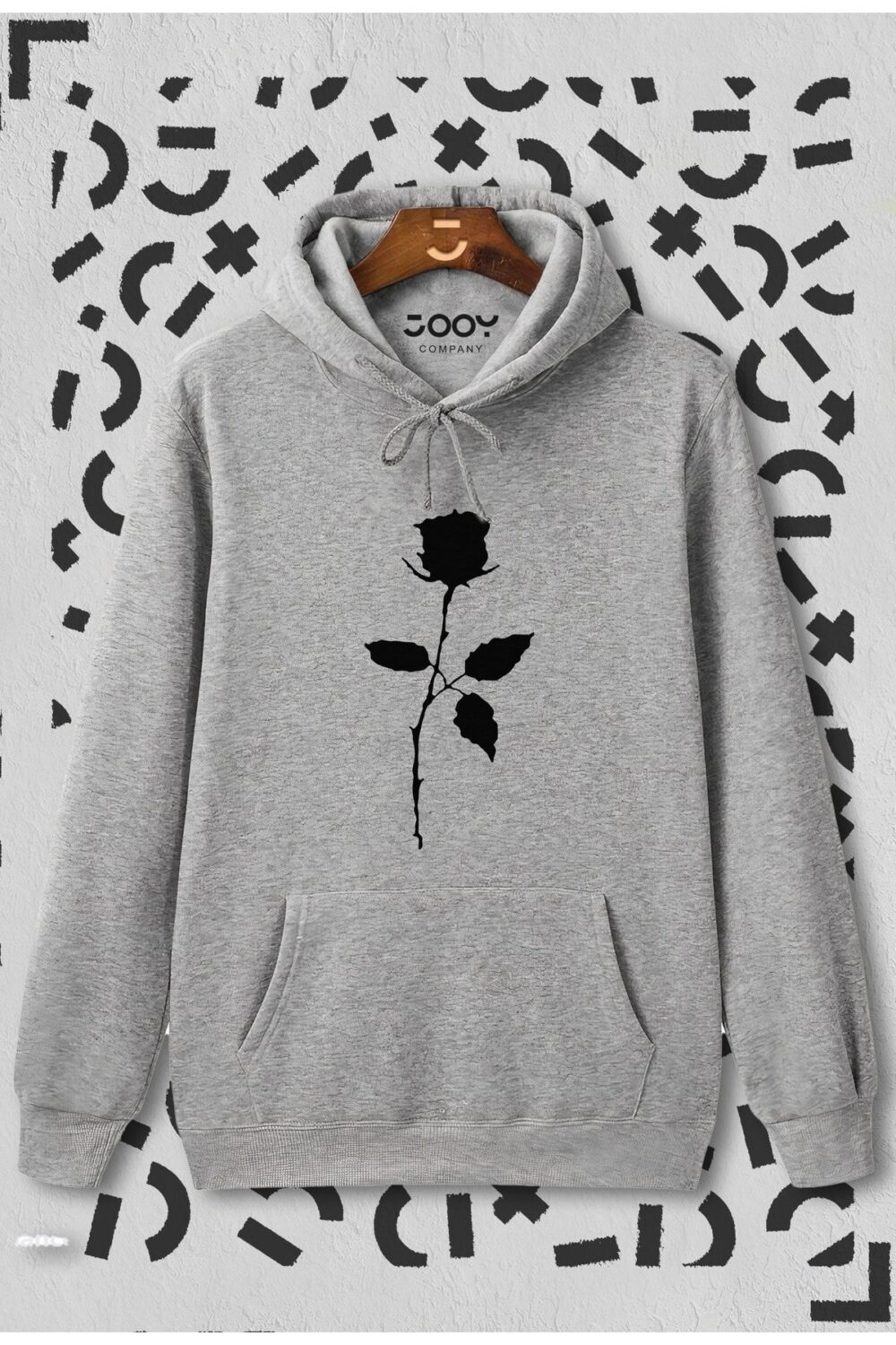 Unisex Gül Baskılı Gri Kapüşonlu Sweatshirt