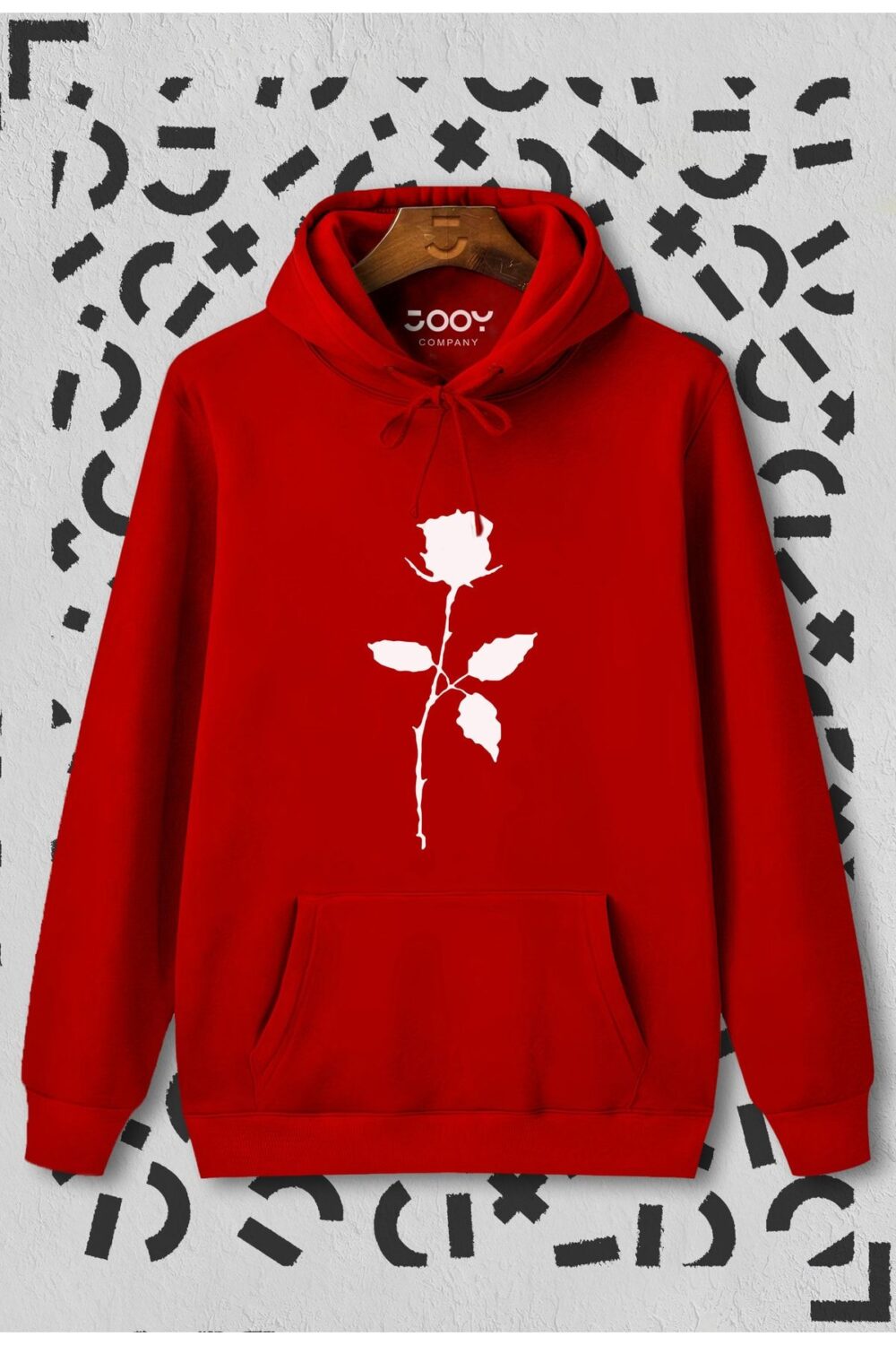 Unisex Gül Baskılı Kırmızı Kapüşonlu Sweatshirt