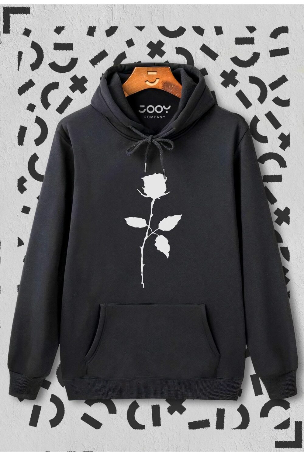 Unisex Gül Baskılı Siyah Kapüşonlu Sweatshirt