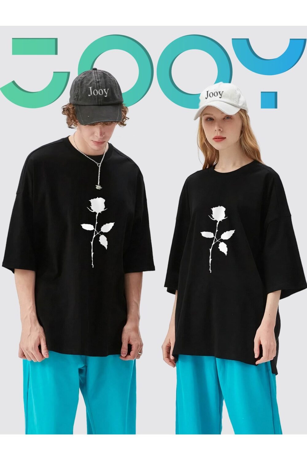 Unisex Sevgili Kombini Gül Tasarım Siyah Oversize Tshirt 2’li Set