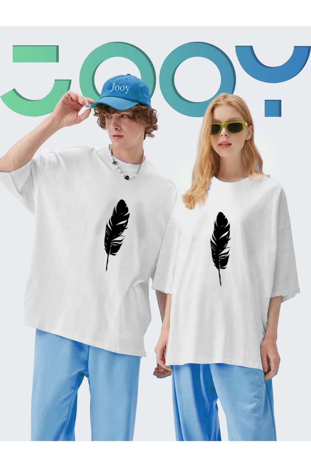 Unisex Sevgili Kombini Yaprak Tasarım Beyaz Oversize Tshirt 2’li Set