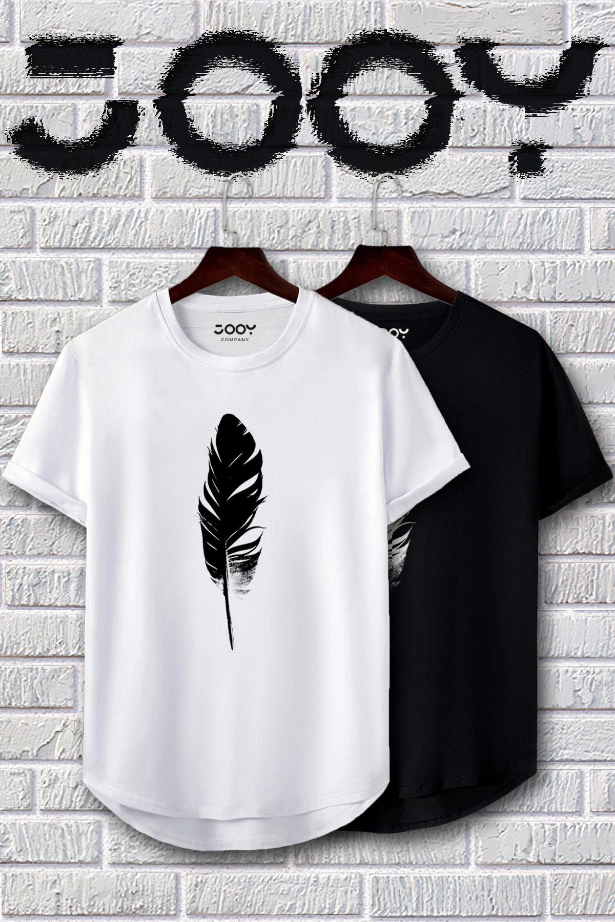 Jooy Company-Unisex Siyah Beyaz Oval Kesim Tüy Tasarım Tshirt Ikili Set