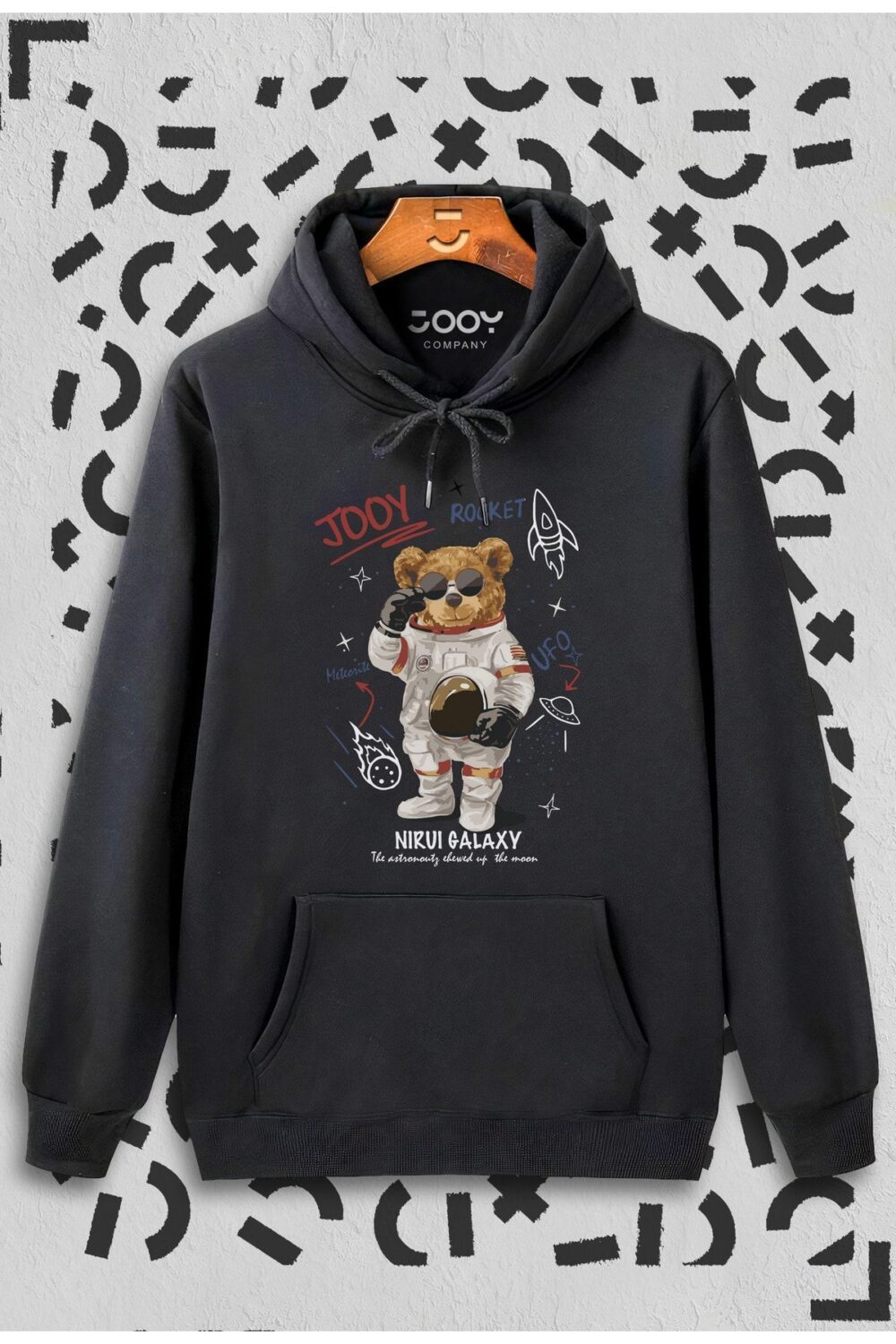 Unisex Siyah Galaxy Bear Kapüşonlu Sweatshirt