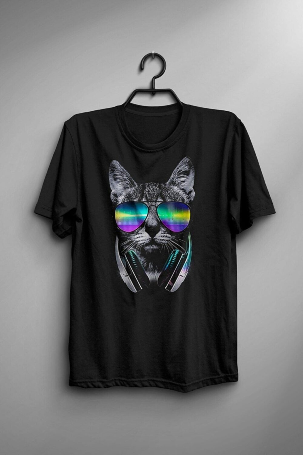 Unisex Siyah Kedi Model Illüstrasyon Grafik Baskılı T-shirt