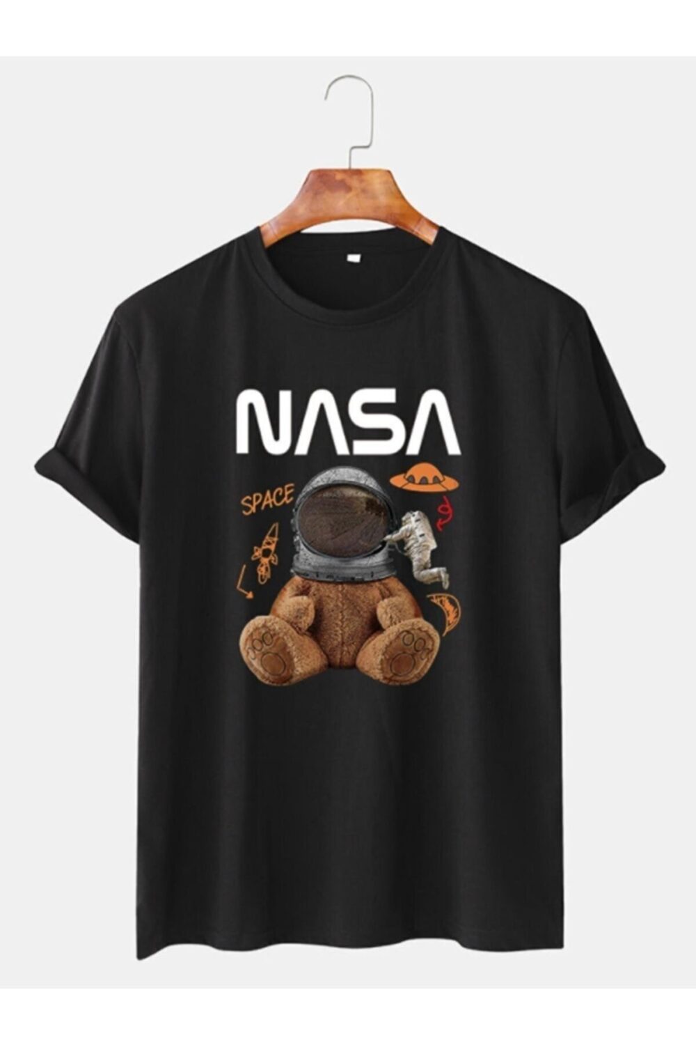 Unisex Siyah Nasa Ayıcık Baskılı T-Shirt