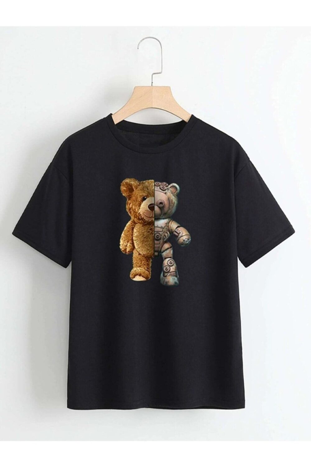 Unisex Siyah Robot Bear Tshirt