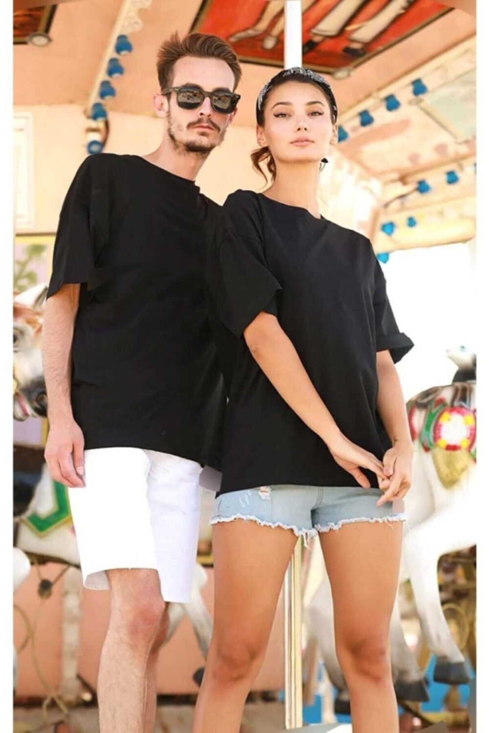 Unisex Siyah Sevgili Kombini Oversize T-shirt 2’li Set