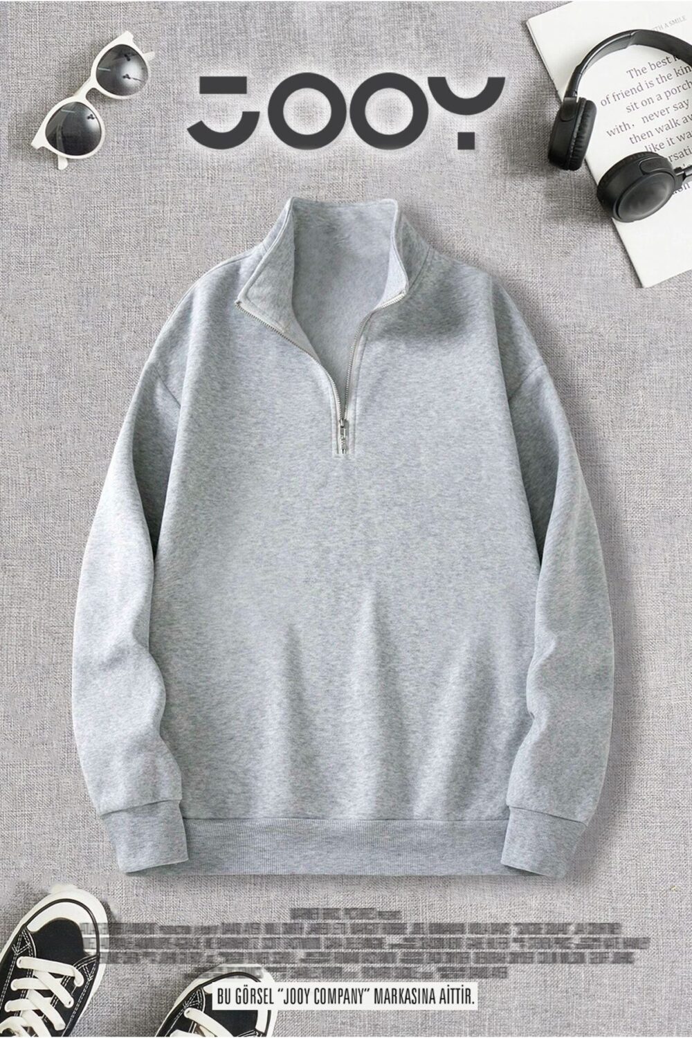 Unisex Yarım Fermuarlı Gri Sweatshirt