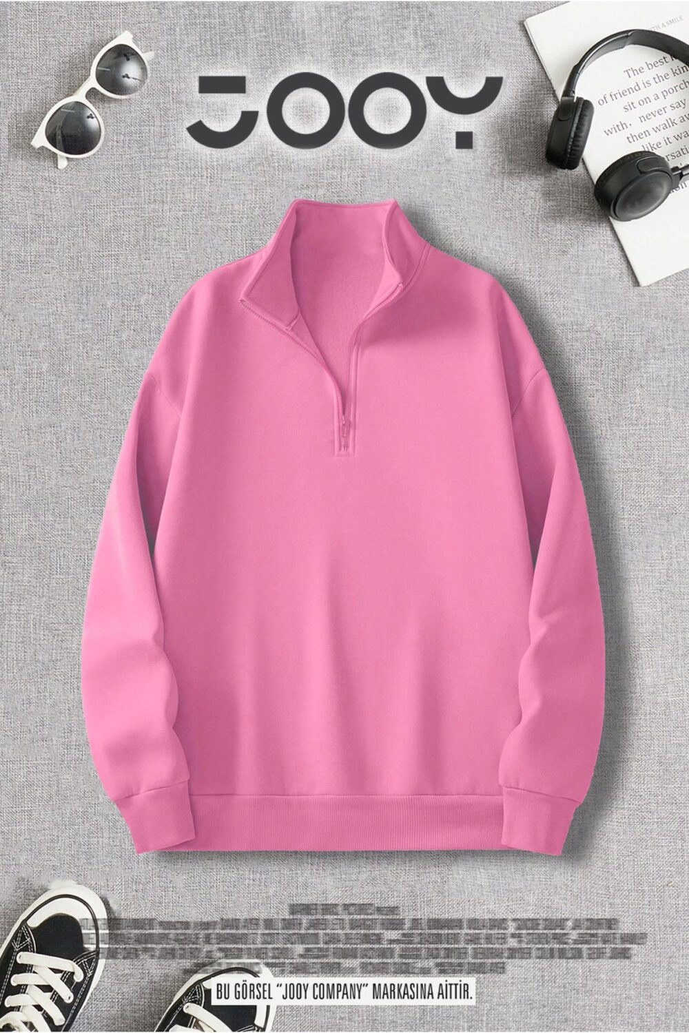 Unisex Yarım Fermuarlı Pembe Sweatshirt