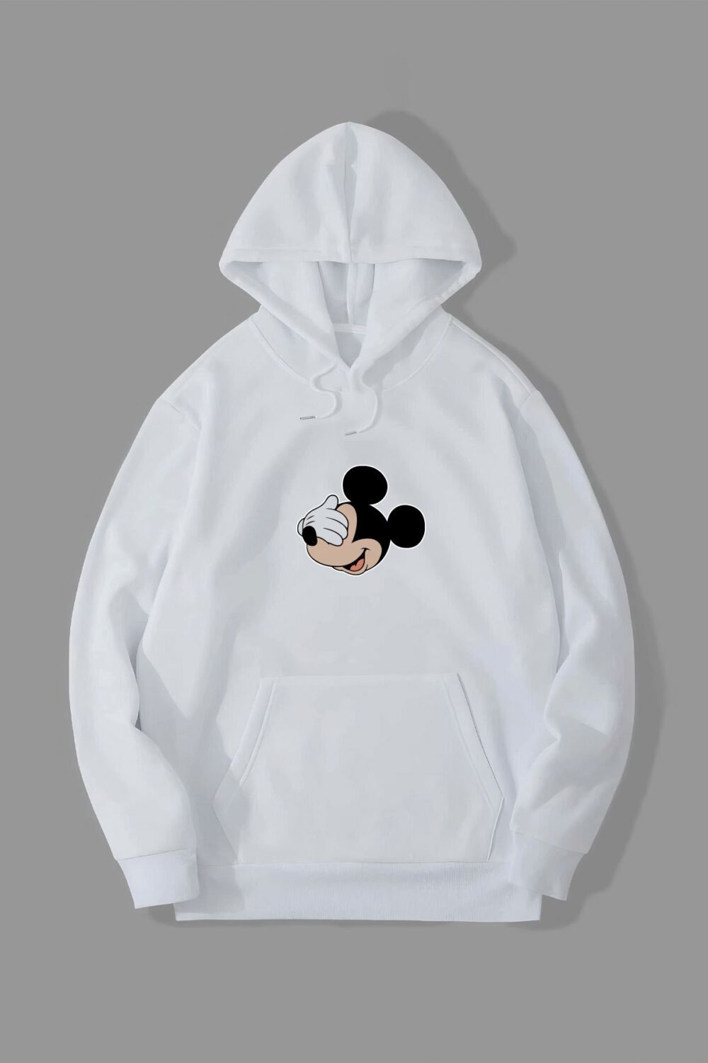 Utangaç Mickey Baskılı Beyaz Kapüşonlu Sweatshirt Hoodie