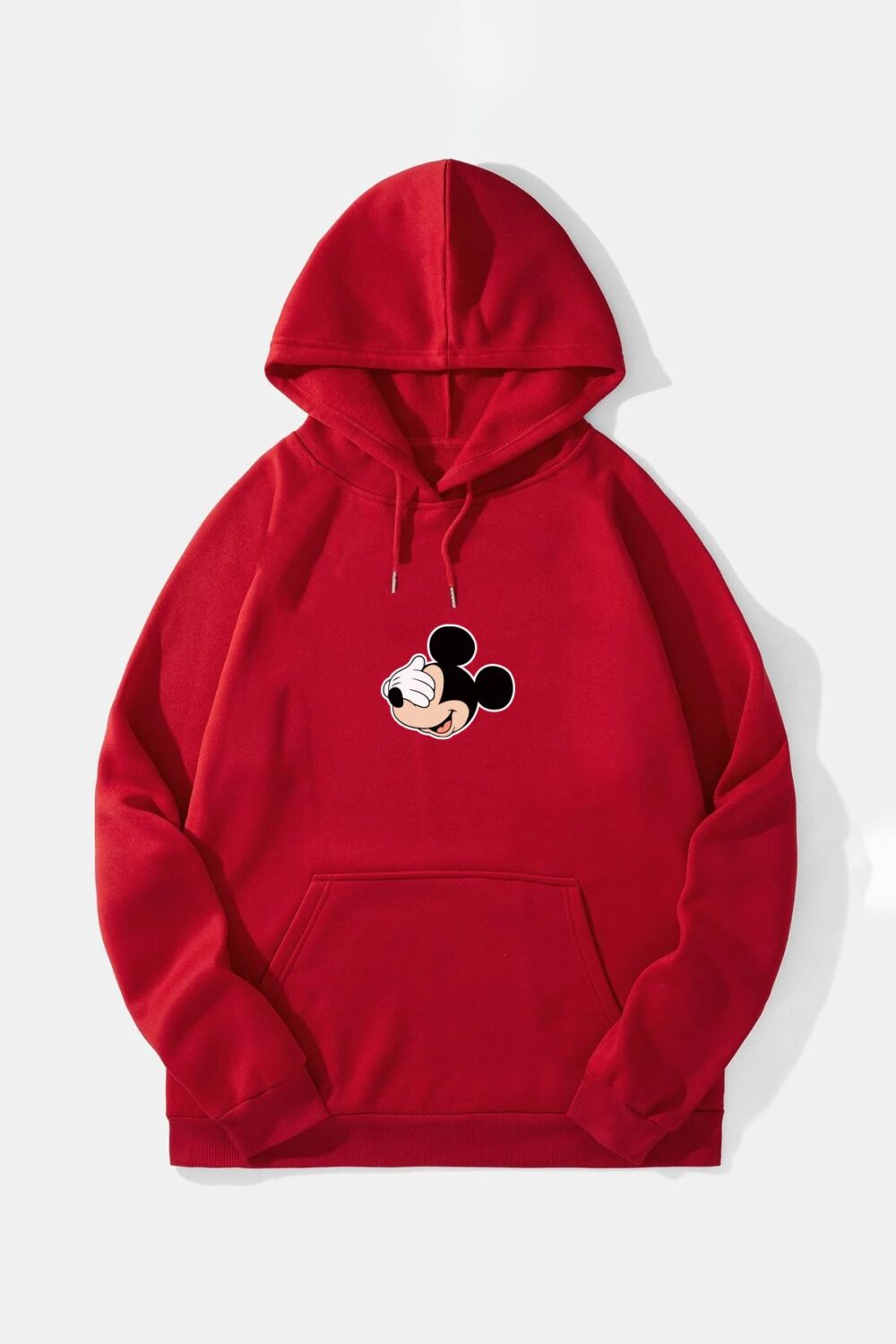 Utangaç Mickey Baskılı Kırmızı Hoodie Kapüşonlu Sweatshirt