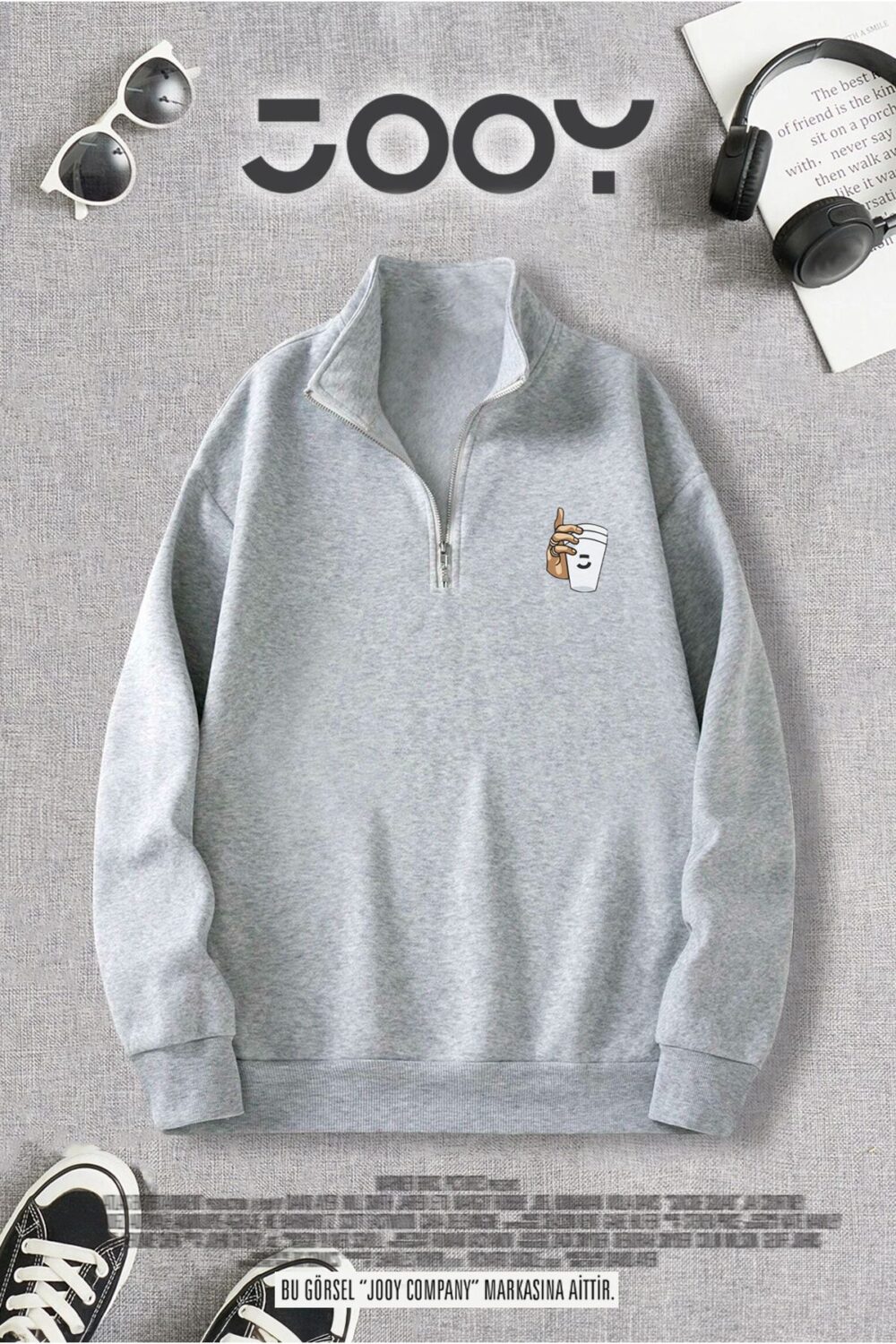 Yarım Fermuarlı Bardak Baskılı Gri Sweatshirt