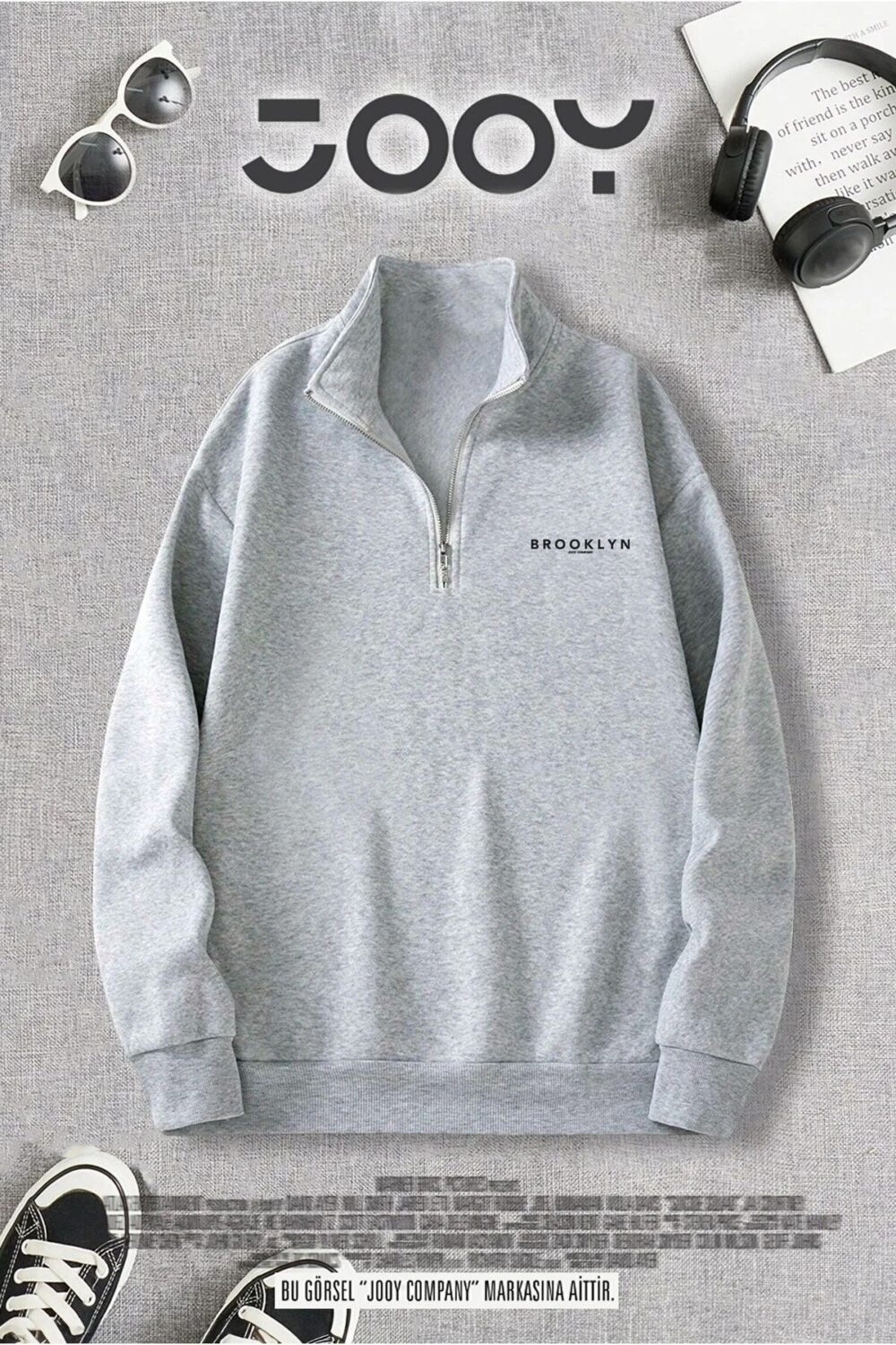 Yarım Fermuarlı Brooklyn Baskılı Gri Sweatshirt