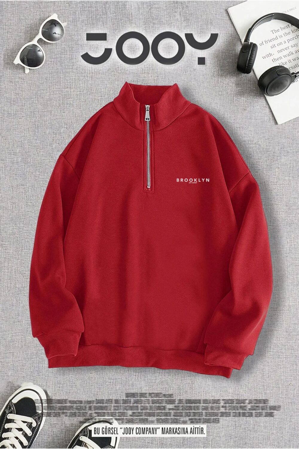 Yarım Fermuarlı Brooklyn Baskılı Kırmızı Sweatshirt