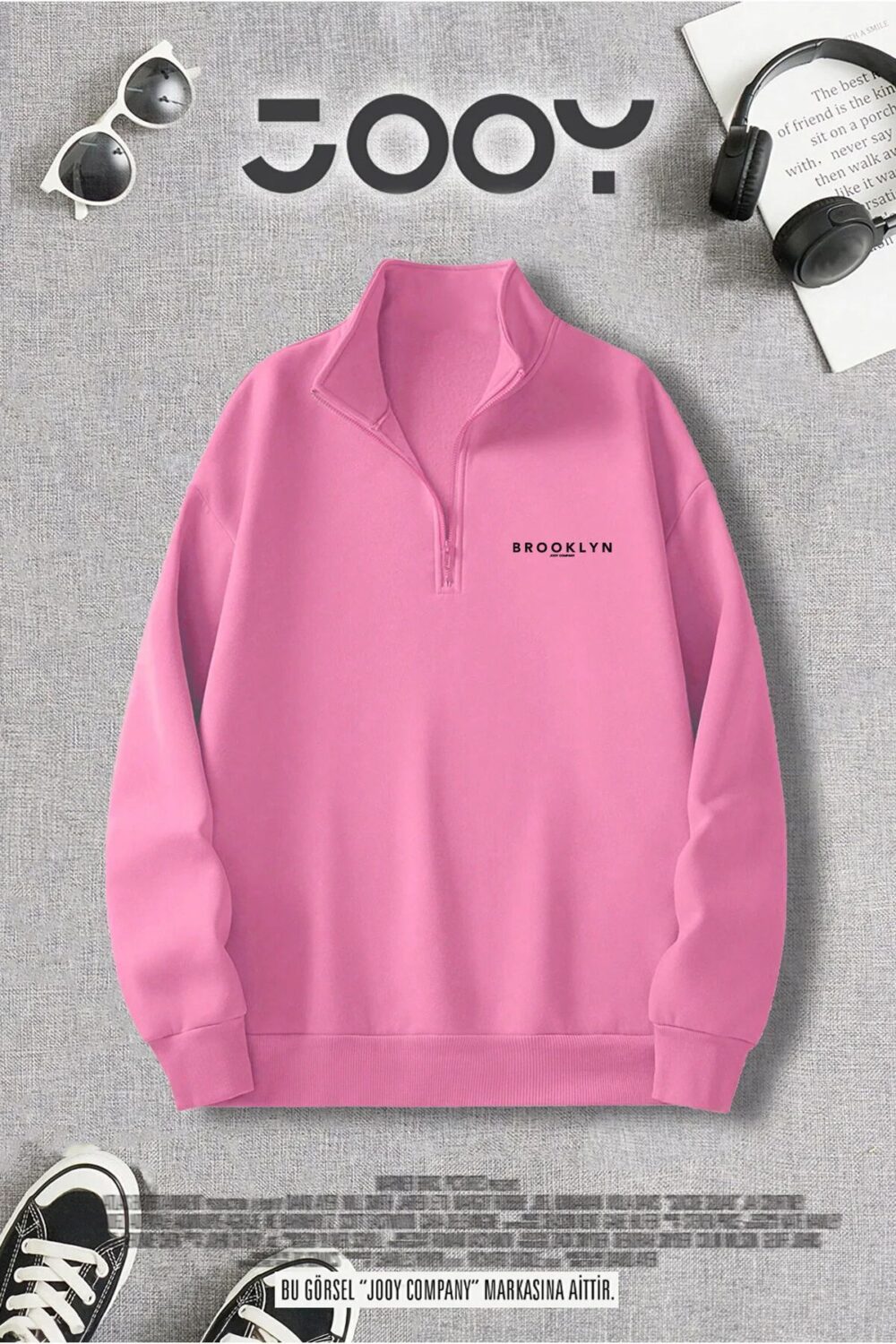 Yarım Fermuarlı Brooklyn Baskılı Pembe Sweatshirt