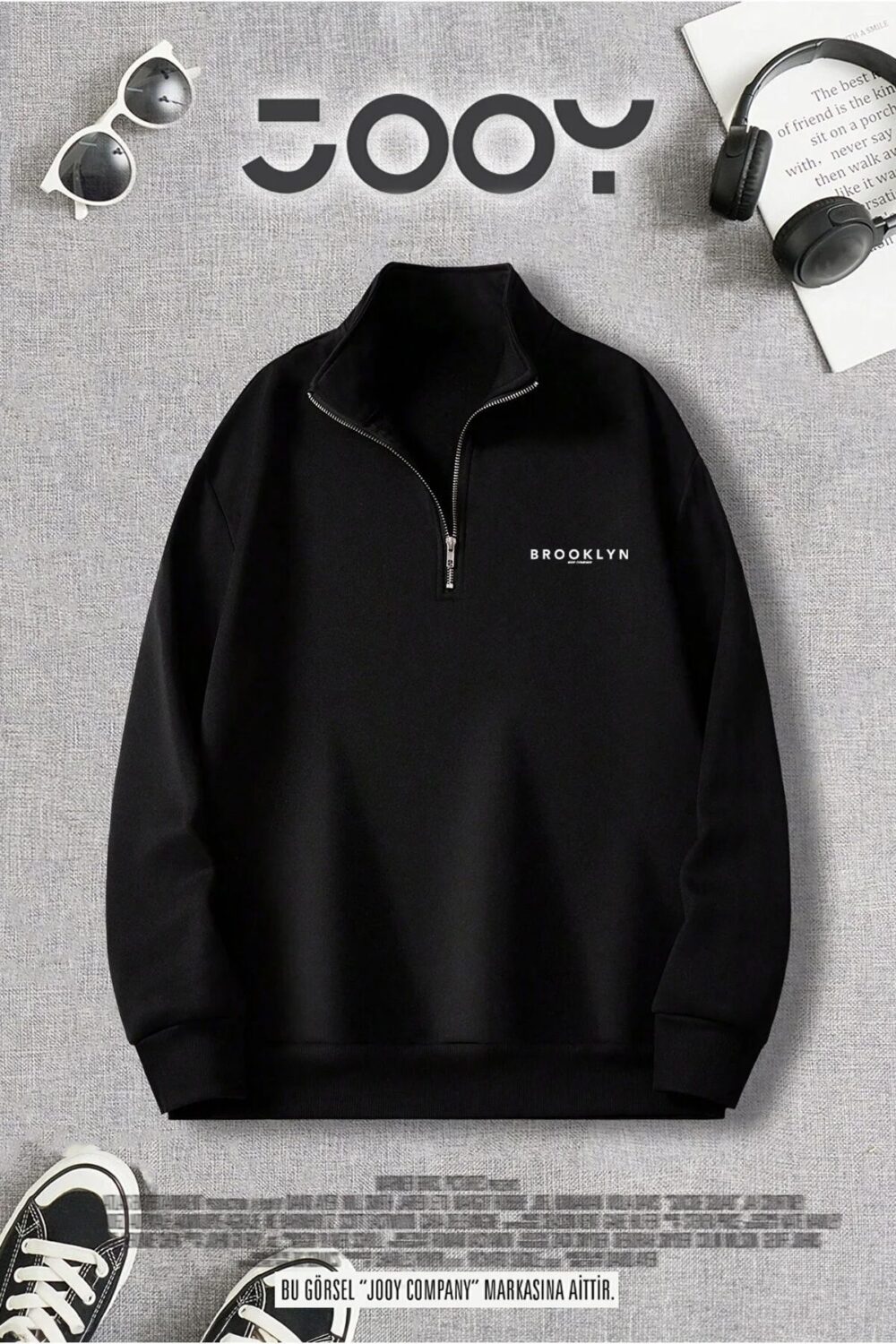 Yarım Fermuarlı Brooklyn Baskılı Siyah Sweatshirt