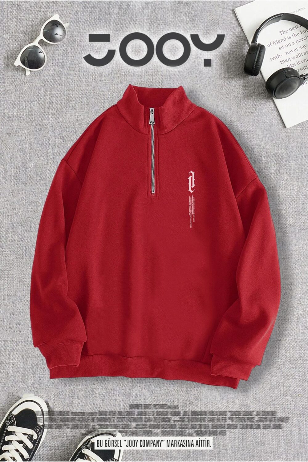 Yarım Fermuarlı Göğüs Dikey Baskılı Kırmızı Sweatshirt