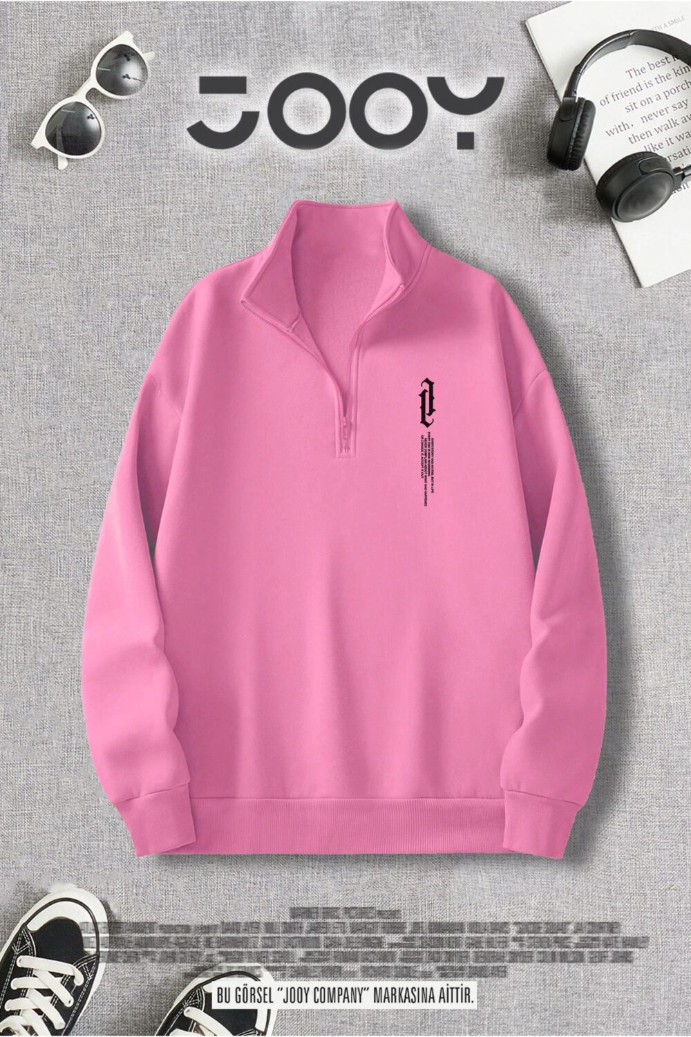 Yarım Fermuarlı Göğüs Dikey Baskılı Pembe Sweatshirt