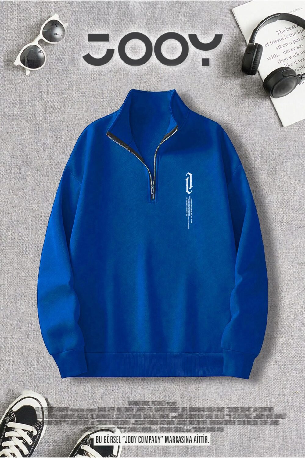 Yarım Fermuarlı Göğüs Dikey Baskılı Saks Mavi Sweatshirt