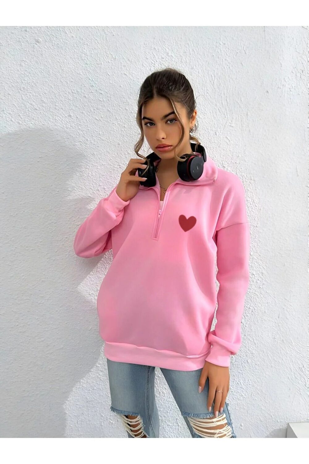 Yarım Fermuarlı Kalp Baskılı Pembe Sweatshirt