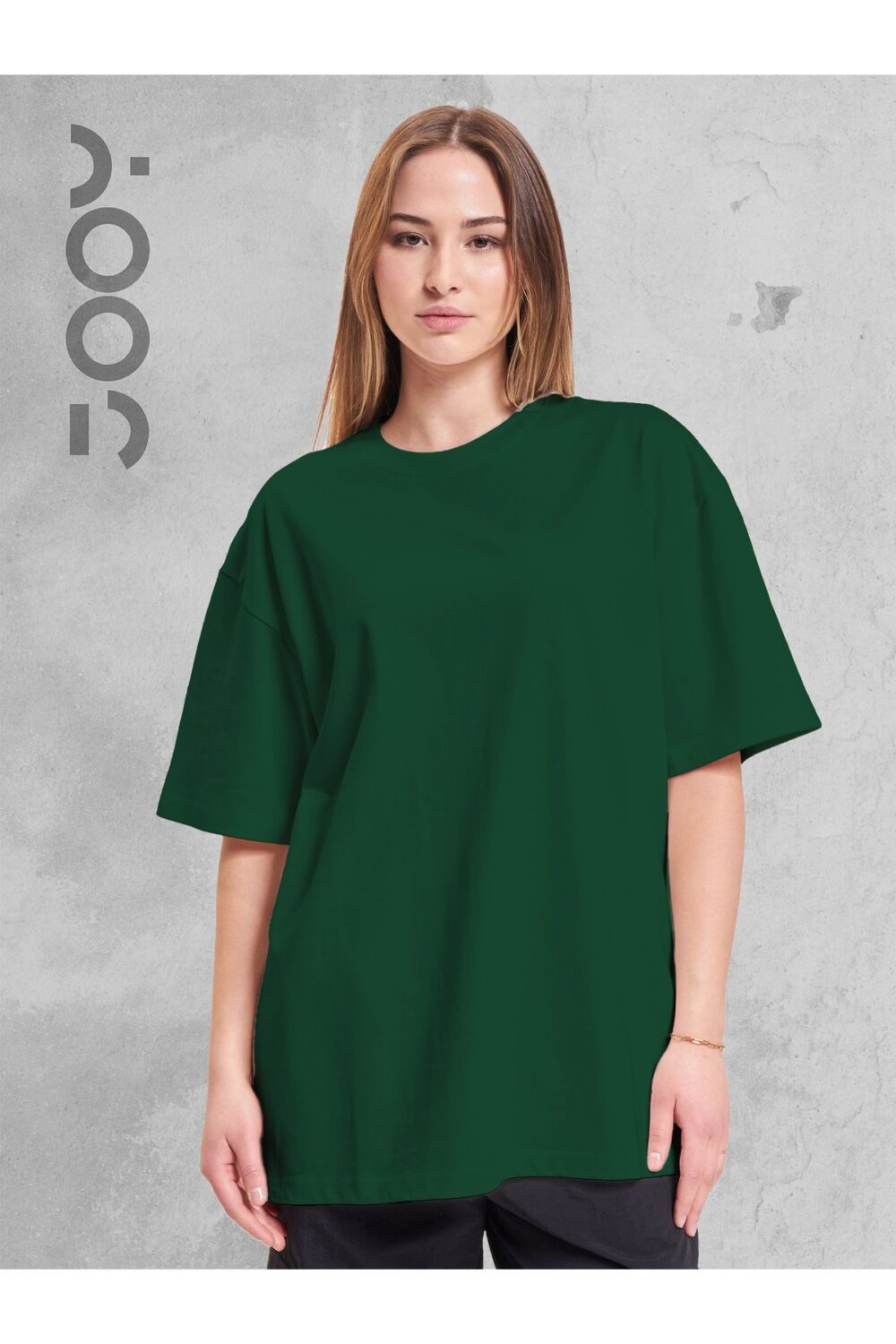 Yeşil Bisiklet Yaka Oversize Boyfriend Basic Tshirt